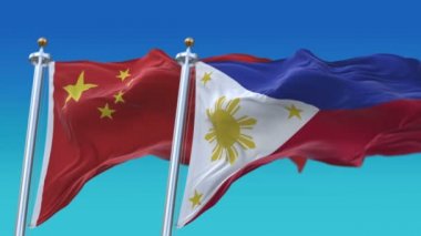 4k Dikişsiz Filipinler ve Çin Bayrakları mavi gökyüzü arka plan ile, Phi Ph Chn Cn.