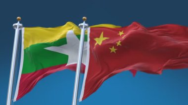 4k Kusursuz Myanmar ve mavi gökyüzü arkaplanlı Çin Bayrakları, MYA CN.
