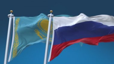 Mavi gökyüzü arka plan ile 4k Dikişsiz Kazakistan ve Rusya Bayrakları, Kaz Rus Ru.