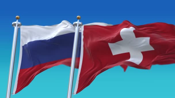 4k Svizzera senza soluzione di continuità e Russia Bandiere con sfondo cielo blu, SUI CH RUS RU — Video Stock