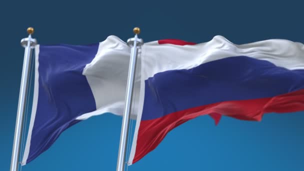 4k Francia e Russia Bandiere senza cuciture con sfondo cielo blu, FRA FR RUS RU . — Video Stock