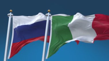 Mavi gökyüzü arka plan ile 4k Dikişsiz İtalya ve Rusya Bayrakları, Ita It Rus Ru.