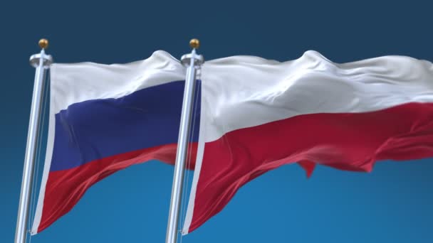 4k naadloze Polen en Rusland vlaggen met blauwe hemel achtergrond, Pol pl Rus ru. — Stockvideo