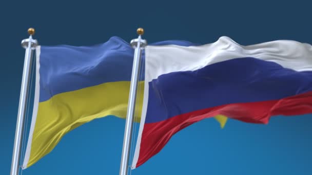 4K bezszwowe Ukraina i Rosja flagi z niebieskim tle nieba, ukr UA RUS ru. — Wideo stockowe