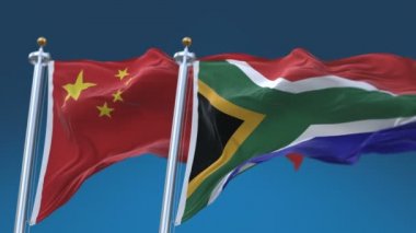 4k Dikişsiz Güney Afrika ve Çin Bayrakları mavi gökyüzü arka plan ile, Za Chn Cn.