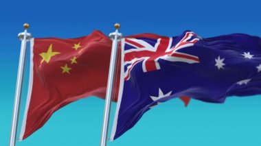 Mavi gökyüzü arka plan ile 4k Dikişsiz Avustralya ve Çin Bayrakları, Aus Au Chn Cn.