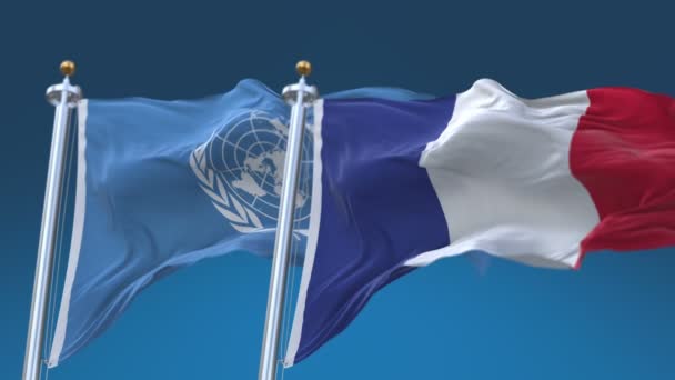 4k Banderas sin costura de las Naciones Unidas y Francia con fondo azul, UN FR . — Vídeos de Stock