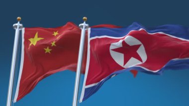 Mavi gökyüzü arka plan ile 4k Dikişsiz Kuzey Kore ve Çin Bayrakları, Dprk Chn Cn.