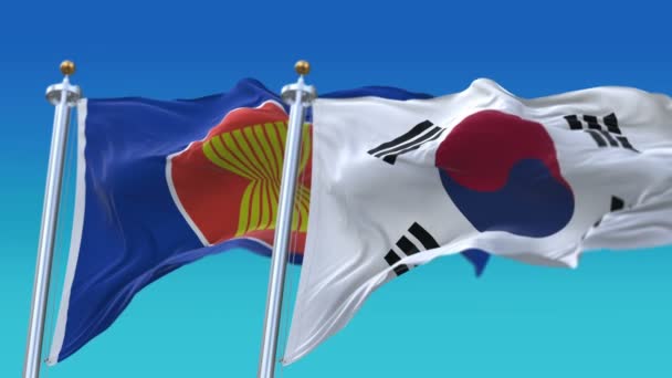 4k Бесшовная ассоциация государств Юго-Восточной Азии и Южной Кореи Небо флага, АСЕАН — стоковое видео