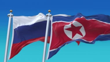 Mavi gökyüzü arka plan ile 4k Dikişsiz Kuzey Kore ve Rusya Bayrakları, Prk Kp Rus Ru