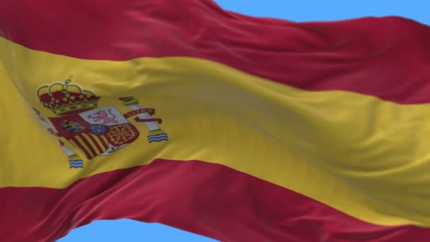 4k naadloze close-up van Spanje vlag langzame zwaaiende in de wind. alfakanaal opgenomen. — Stockvideo