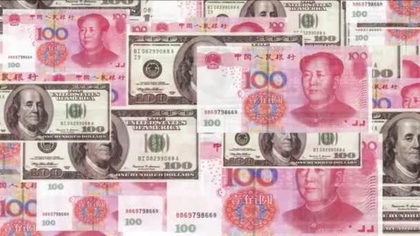 4k Float iminente 100 dólares 100 contas RMB taxa de câmbio dinheiro riqueza fundo — Vídeo de Stock
