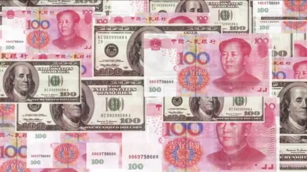 4k zweven dreigende 100 dollar 100 Rmb rekeningen wisselkoers geld rijkdom achtergrond — Stockvideo