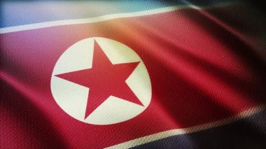 4k Kuzey Kore Ulusal bayrağında pürüzsüz döngü kırışıklıkları Kore arka planında rüzgar.