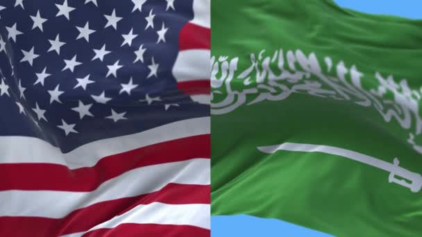 4kアメリカ合衆国とサウジアラビアの国旗風を巻き戻す — ストック動画