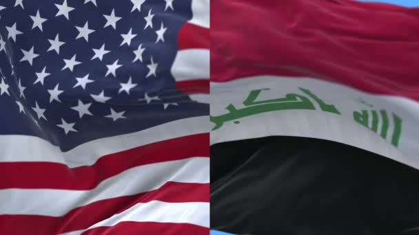 4k Estados Unidos da América EUA e Iraque Bandeira nacional acenando fundo do vento . — Vídeo de Stock