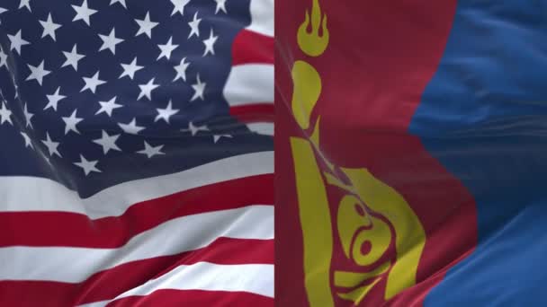 4k美利坚合众国和蒙古国旗飘扬的风向背景. — 图库视频影像