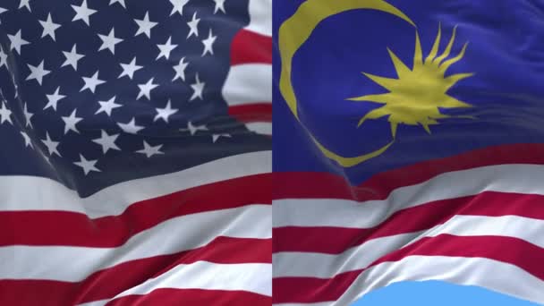 4k Ηνωμένες Πολιτείες της Αμερικής και της Μαλαισίας σημαία αδιάλειπτη κυματίζει στον άνεμο, ΗΠΑ, ΗΠΑ. — Αρχείο Βίντεο