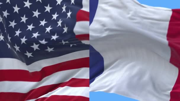 4k Vereinigte Staaten von Amerika USA und Frankreich Nationalflagge weht im Hintergrund — Stockvideo