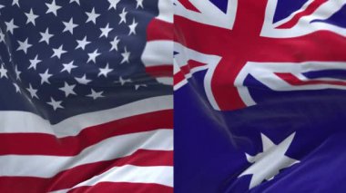4k Amerika Birleşik Devletleri ABD ve Avustralya bayrağı rüzgâr arka planında dalgalanıyor.
