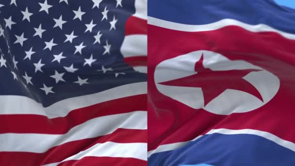 4k Estados Unidos de América Estados Unidos y Corea del Norte Bandera nacional ondeando viento backg — Vídeo de stock