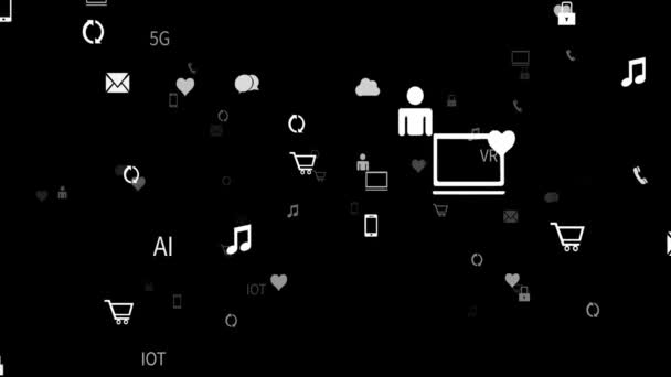 Concepto de internet virtual 4k, servicios en línea e iconos de redes sociales flotando — Vídeo de stock