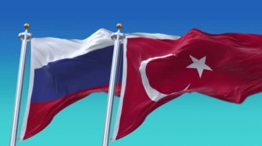4k Rusya ve Türkiye Ulusal Bayrağı pürüzsüz döngü arka planı, rüzgâr kırışıklıkları.