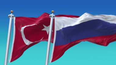 4k Rusya ve Türkiye Ulusal Bayrağı pürüzsüz döngü arka planı, rüzgâr kırışıklıkları.