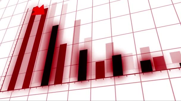 Gráfico de 4k HUD con flecha descendente y estadísticas de barras, crisis financiera, caída de acciones . — Vídeos de Stock