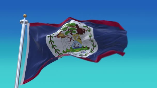 4k Belize Ulusal bayrak kırışıklıkları mavi gökyüzü arka planında pürüzsüz rüzgar döngüsü. — Stok video