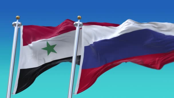 4kロシアとシリア国旗シームレスループの背景、風吹きしわ. — ストック動画
