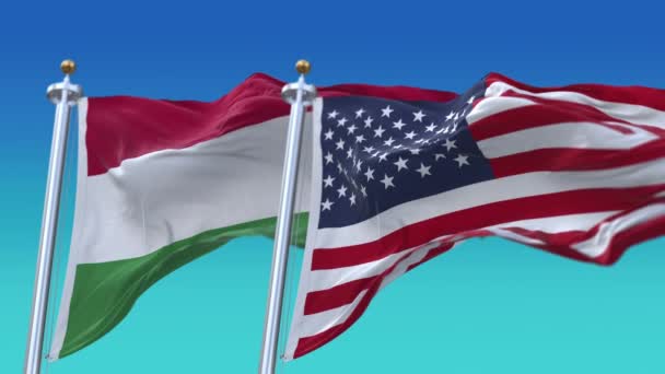 4k Stany Zjednoczone Ameryki Usa i Węgry Flaga narodowa płynne tło. — Wideo stockowe