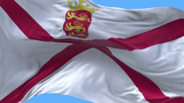 4k Jersey Island Bandera nacional arrugas sin costuras ondeando viento cielo fondo . — Vídeo de stock
