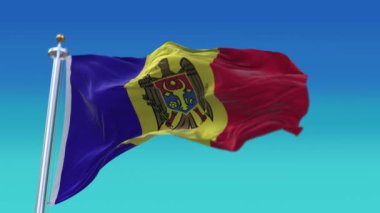 4k Moldova Ulusal bayrağı dalgalanan rüzgar gökyüzü pürüzsüz döngü arka planı.