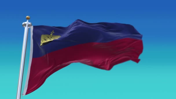 4k Liechtenstein National flag wrinkles seamless waving wind sky background. — Stock Video