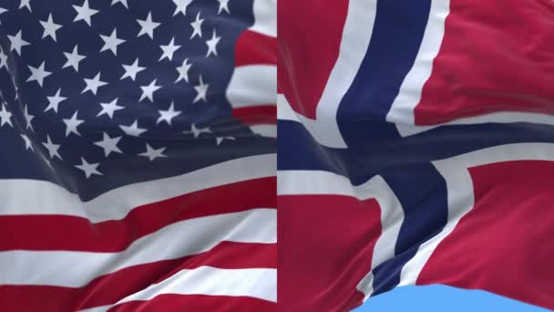 4k Stany Zjednoczone Ameryki Usa i Norwegia Flaga narodowa płynne tło. — Wideo stockowe