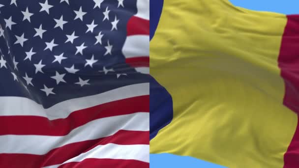 4k Stany Zjednoczone Ameryki Usa i Rumunia Flaga narodowa płynne tło. — Wideo stockowe