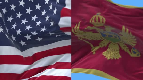 4k Estados Unidos da América EUA e Montenegro Bandeira nacional fundo . — Vídeo de Stock