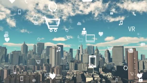 4k virtueel internet concept, timelapse wolk vliegen over stedelijke wolkenkrabbers. — Stockvideo