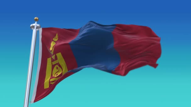 4k Mongólia Nemzeti zászló lassú ráncok zökkenőmentes integetés a szél ég háttér. — Stock videók