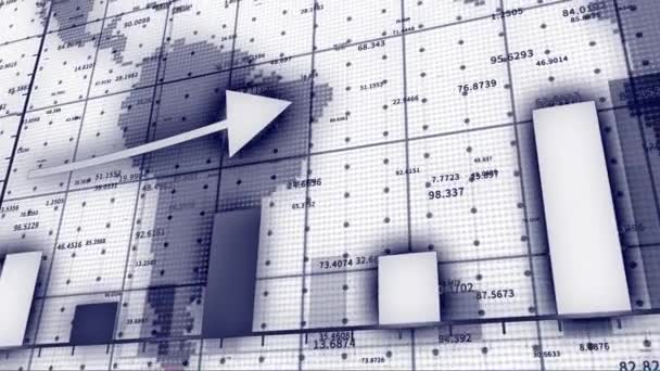 4k Hud-Graph mit aufsteigenden Pfeilen und Balkenstatistiken, digitale Datenwand mit Weltbild — Stockvideo