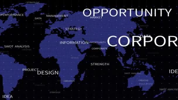 Nube de etiquetas de palabra de análisis de Swot 4k, concepto de puntos de mapa del mundo, bucle sin problemas. — Vídeo de stock