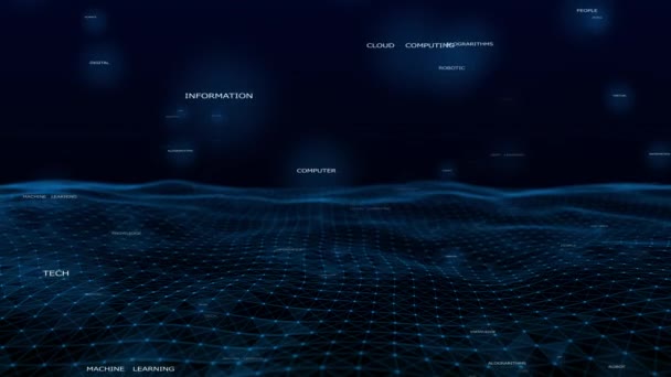 4k Digital blue Wave of particles dance motion on wave and light.ai word cloud. — Stok Video