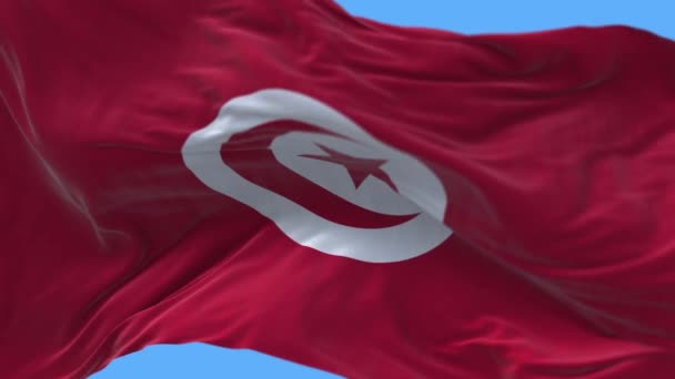 4k Tunisia National flag wrinkles waving wind sky seamless loop background. — Stock Video