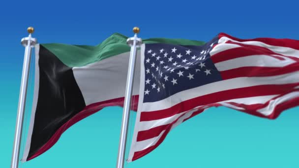 4k Stany Zjednoczone Ameryki Usa i Kuwejt Flaga narodowa płynne tło. — Wideo stockowe