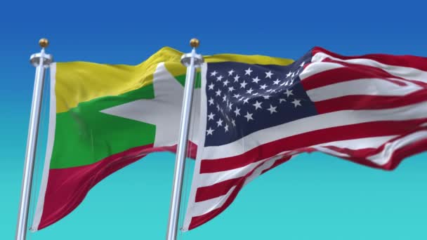 4K 미국 과 미얀마의 국기 바다없는 배경. — 비디오