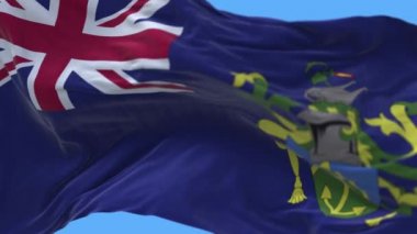 4k Pitcairn Adaları. Ulusal bayrak kırışıklıkları. Rüzgarın gökyüzü pürüzsüz arkaplanı..