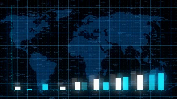 Gráfico 4k HUD com as estatísticas de seta e barra ascendentes, parede de dados digitais com ma mundo — Vídeo de Stock