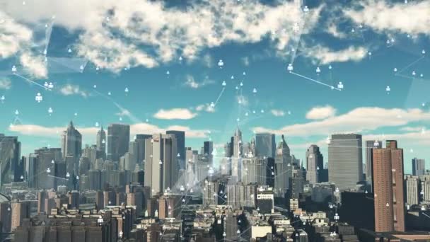 4k timelapse cloud fly over urban, abstract nodes with social media symbol. — Stock video