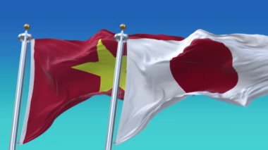 4k Kusursuz Japon ve Vietnam Bayrakları mavi gökyüzü arkaplanlı, JP.